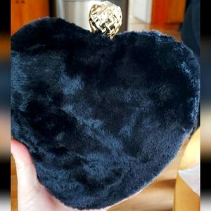 Fluffy Black Heart Bag with gold chain and gem closure